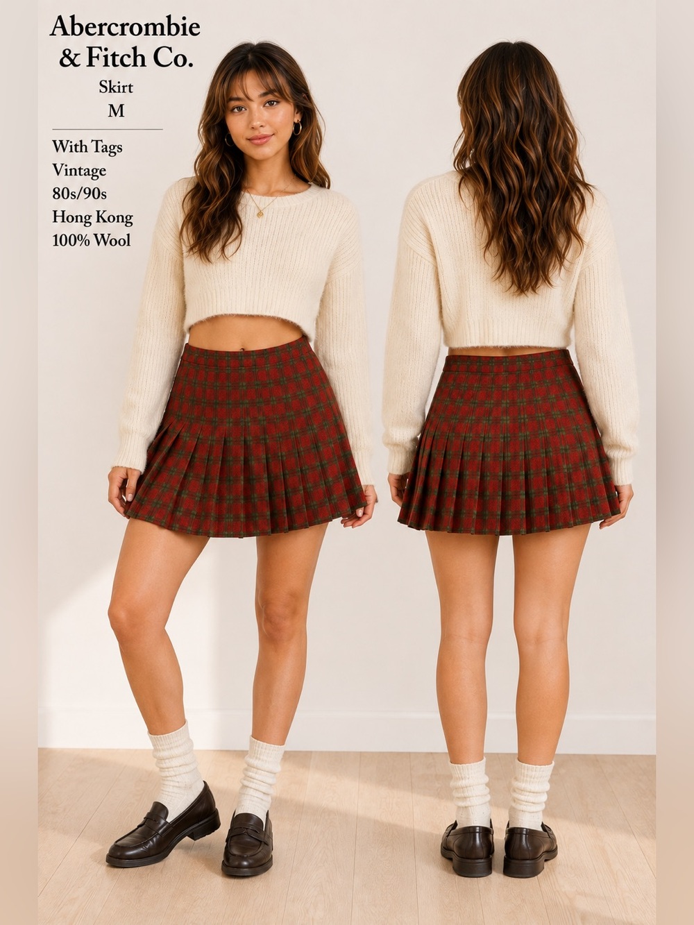 Abercrombie & Fitch Plaid Mini Skirt medium NEW academia vintage red wool preppy